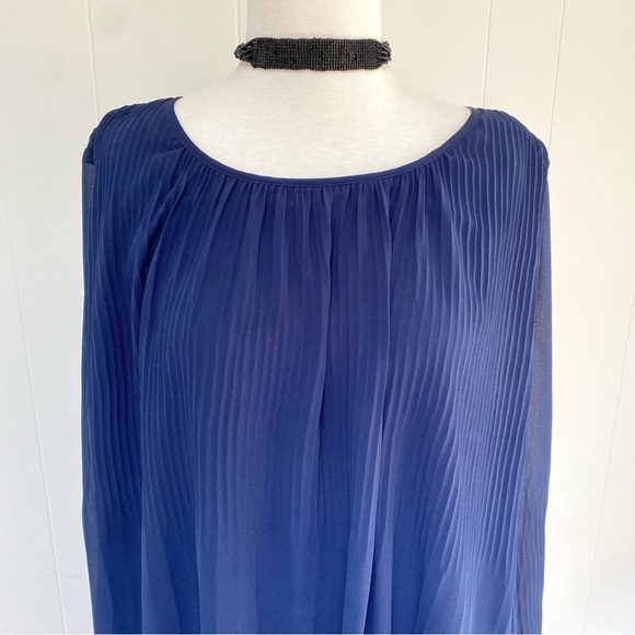 LoveRiche Pleated Chiffon Mini Dress Bishop Sleeve V Open Back Navy L - Picture 5 of 6
